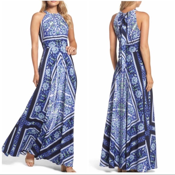 ELIZA J Blue Scarf Print Halter Maxi Dress Sz 8 - Picture 1 of 14